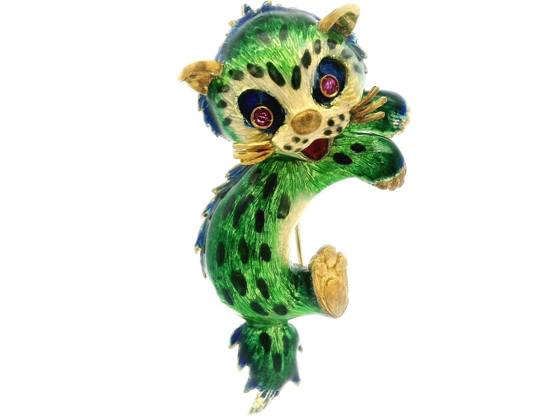 18k Yellow Gold Cat Brooch with Colorful Enamel and Ruby Eyes: 18k Yellow Gold Cat Brooch with Colorful Enamel and Ruby Eyes This exquisite kitty cat pin brooch is crafted from 18k solid yellow gold and adorned with vibrant colorful enamel work, featuring a delig