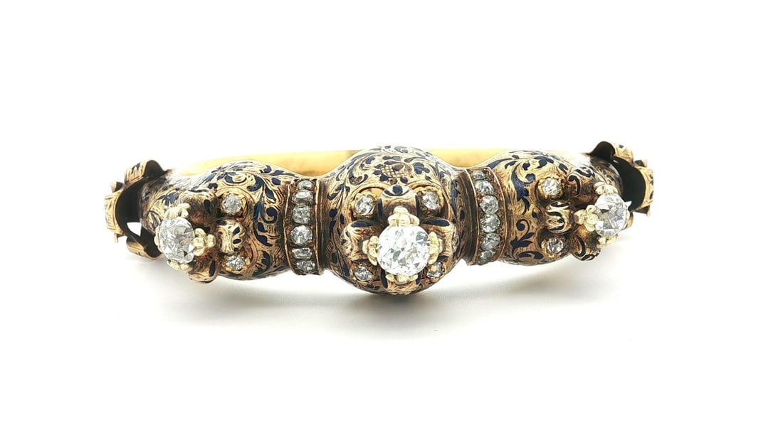 Antique Victorian Gold Diamond Enamel Adjustable Bangle Bracelet 3.48ctw: Antique Victorian Gold Diamond Enamel Adjustable Bangle Bracelet 3.48ctw Discover this exquisite Rare Antique Victorian Gold Old Cut Diamond Enamel Adjustable Bangle Bracelet, a stunning piece that sh