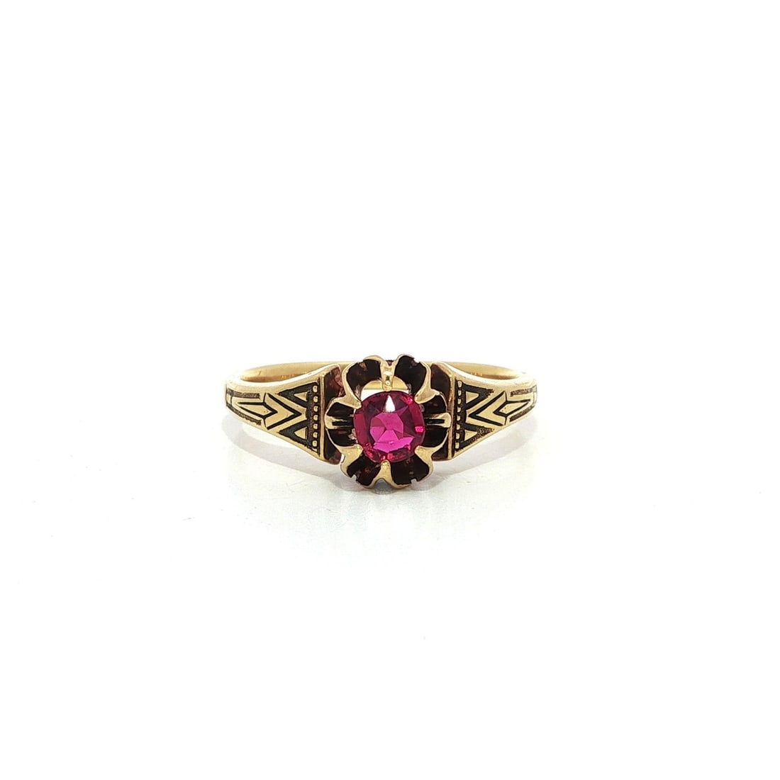 Antique Victorian 18k Gold GIA Certified Ruby Engagement Ring with Enamel: Antique Victorian 18k Gold GIA Certified Ruby Engagement Ring with Enamel This exquisite Antique Victorian Gold GIA Buttercup Ruby Solitaire Ring showcases a stunning natural ruby set in a classic but