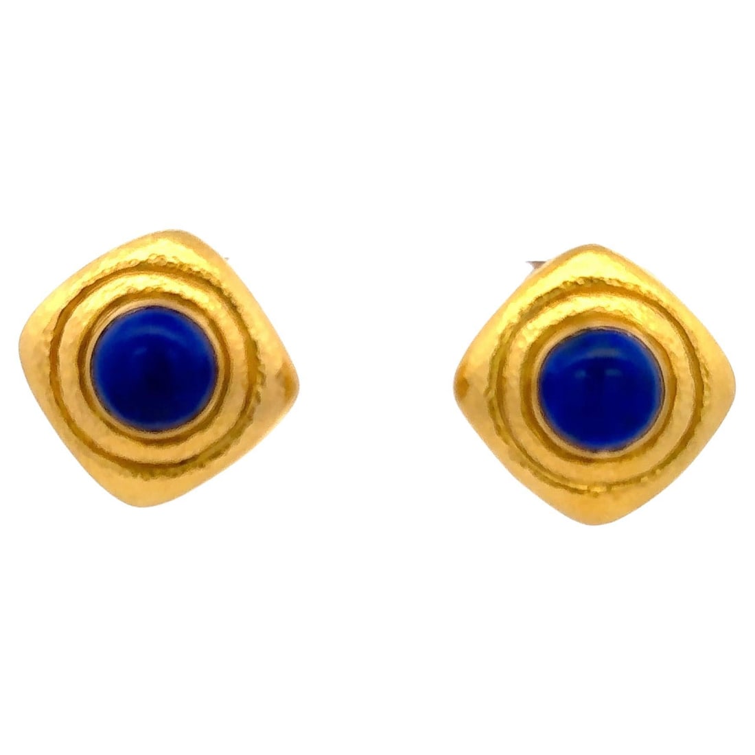 Zolotas 22K Yellow Gold Clip-On Stud Earrings with Lapis Stones: Zolotas 22K Yellow Gold Clip-On Stud Earrings with Lapis Stones These exquisite clip-on stud earrings are crafted from 22 karat yellow gold, weighing a substantial 21.6 grams. The earrings feature two