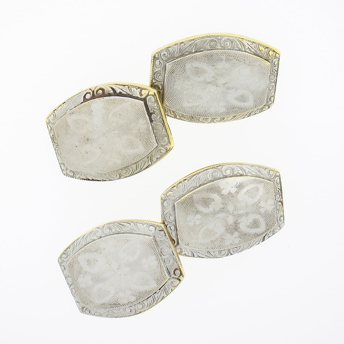 Edwardian 14k Gold Platinum Floral Etched Cufflinks Handmade: Edwardian 14k Gold Platinum Floral Etched Cufflinks Handmade Discover a stunning pair of Antique Edwardian cufflinks crafted from solid 14k yellow gold and topped with .900 platinum. These elegant cuf