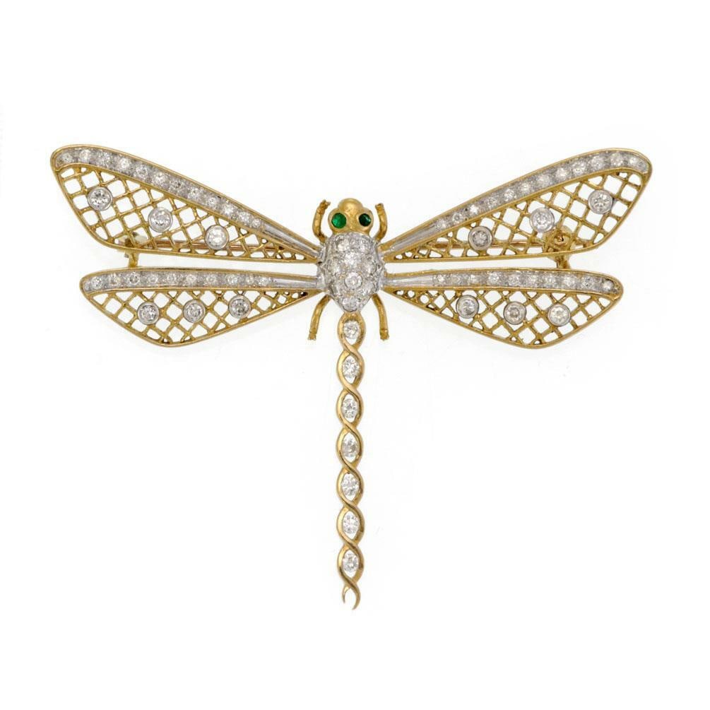 18k Gold Diamond Emerald Dragonfly Brooch with Safety Clasp (1 of 5)