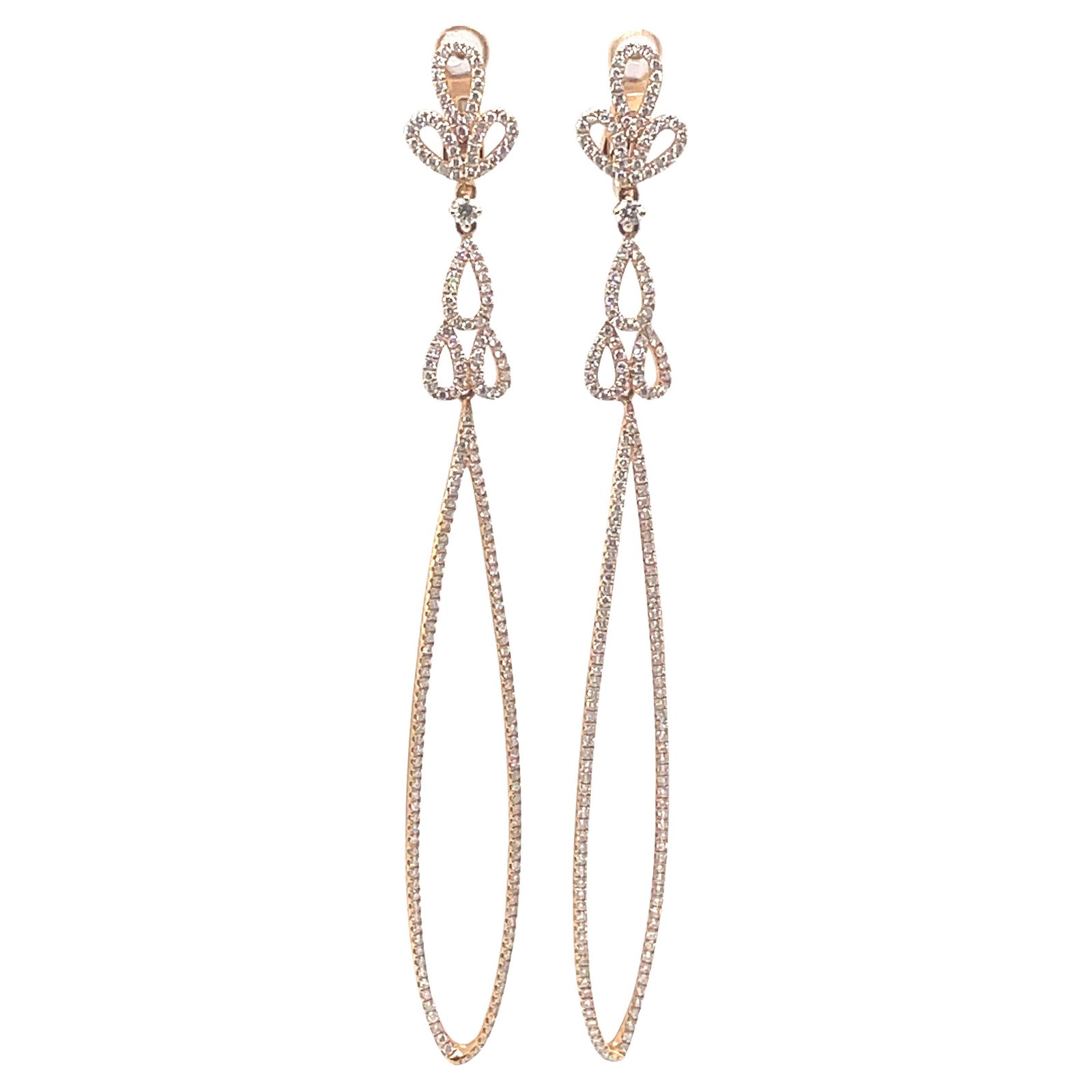 2.26ct Diamond Loop Chandelier Earrings in 18k Rose Gold with GIA Appraisal: 2.26ct Diamond Loop Chandelier Earrings in 18k Rose Gold with GIA Appraisal Elevate your elegance with these stunning 2.26ct diamond loop chandelier earrings crafted from 18k rose gold. Designed in a