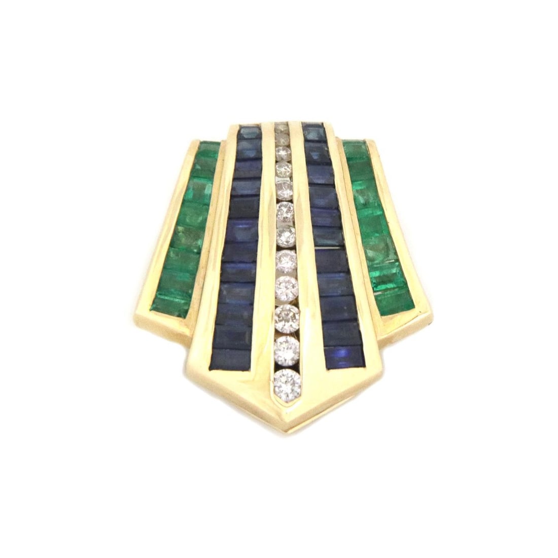 14k Yellow Gold Ribbon Slide Pendant with Sapphire Emerald Diamond: 14k Yellow Gold Ribbon Slide Pendant with Sapphire Emerald Diamond This stunning slide pendant is crafted from 14k yellow gold and features a unique ribbon style design. It showcases five rows of spar