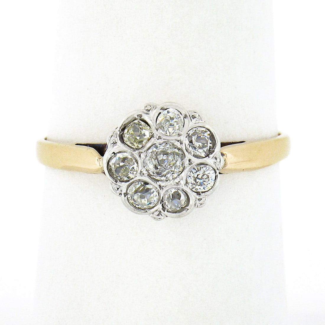 Edwardian 18k Gold Platinum 0.30ct Old Mine Cut Diamond Flower Cluster Ring: Edwardian 18k Gold Platinum 0.30ct Old Mine Cut Diamond Flower Cluster Ring This exquisite antique ring, crafted during the Edwardian era, features a stunning cluster design made from solid 18k yellow