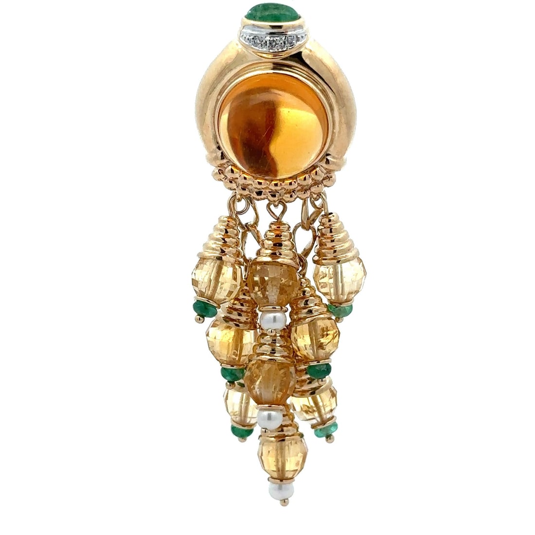 14k Yellow Gold Citrine Emerald Diamond Pearl Long Tassel Pendant: 14k Yellow Gold Citrine Emerald Diamond Pearl Long Tassel Pendant This stunning 14k Gold Citrine Emerald Diamond & Pearl Large Long Tassel Enhancer Pendant features a captivating combination of natura