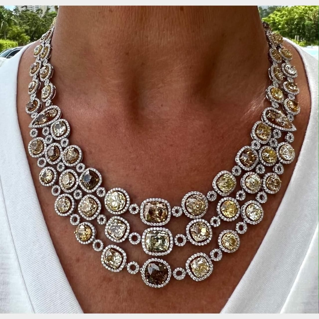 Sophia D. 100.27 Ct. Natural Fancy Color Diamond Necklace in Platinum and Gold: Sophia D. 100.27 Ct. Natural Fancy Color Diamond Necklace in Platinum and Gold This exquisite necklace features a stunning array of 78 cushion cut natural color diamonds, totaling approximately 100.00