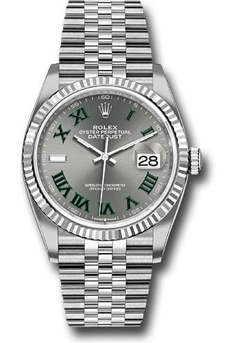 Rolex 126234 Datejust 36 Slate Roman Dial Jubilee Bracelet Green Card: Rolex 126234 Datejust 36 Slate Roman Dial Jubilee Bracelet Green Card This Rolex Datejust 36 features a slate Roman dial and a fluted bezel, complemented by a Jubilee bracelet. The watch is identified
