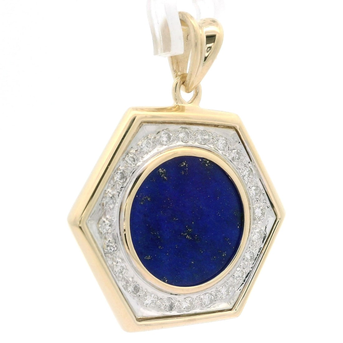 Vintage Gold Lapis Lazuli Diamond Halo Pendant 0.50ctw: Vintage Gold Lapis Lazuli Diamond Halo Pendant 0.50ctw This exquisite vintage pendant showcases a stunning combination of yellow and white gold, featuring a beautiful round cabochon lapis lazuli at it