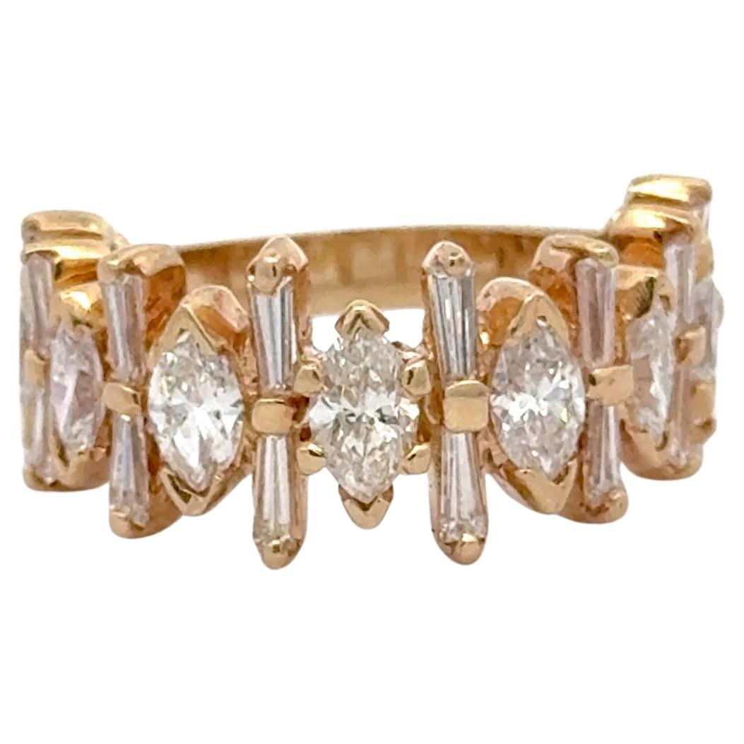 Contemporary 3 Carat Marquise Tapered Baguette Diamond Ring 14K Yellow Gold: Contemporary 3 Carat Marquise Tapered Baguette Diamond Ring 14K Yellow Gold This elegant half-way band ring showcases a stunning design crafted from 14 karat yellow gold. It features a graduated arran