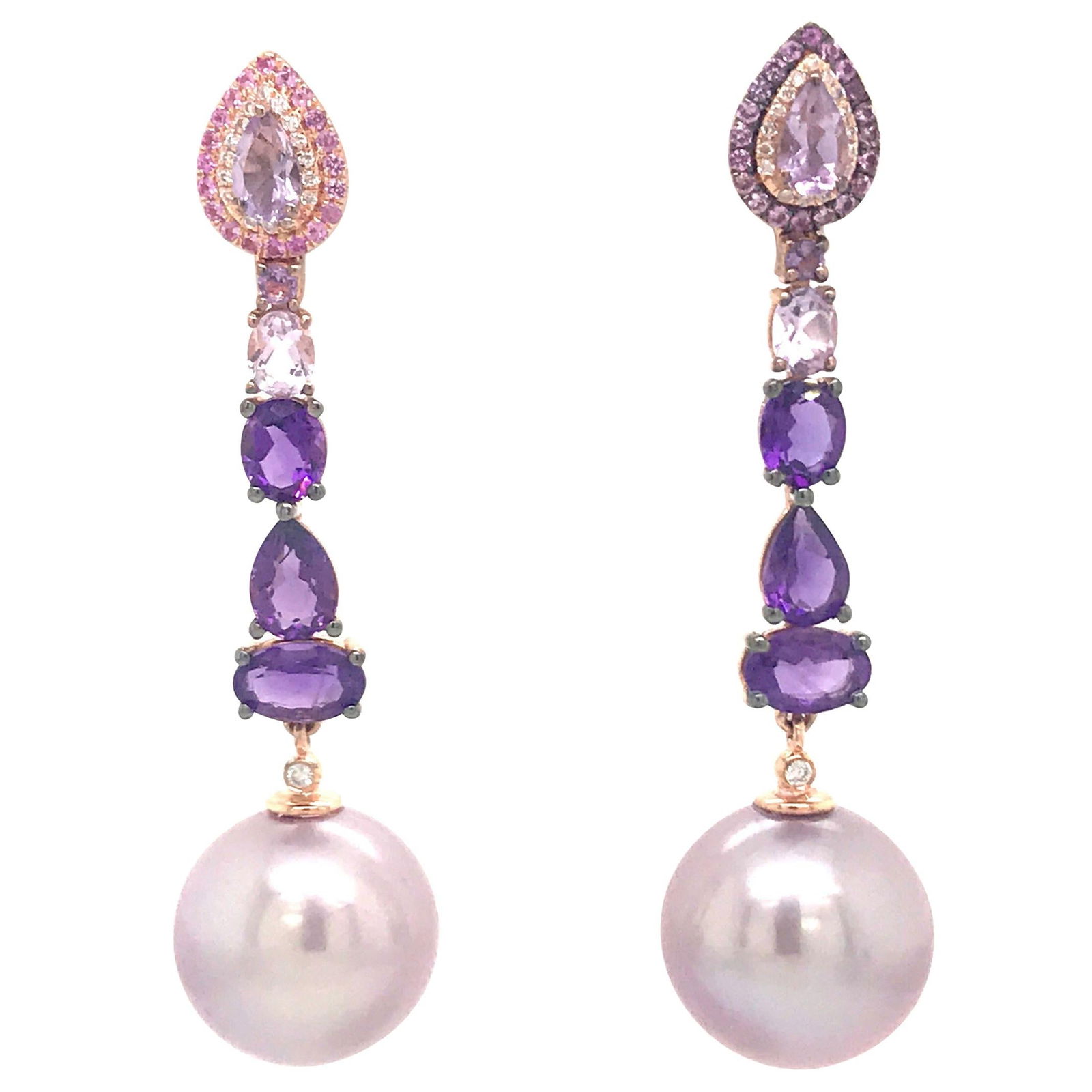 Harbor Diamonds 18K Rose Gold Drop Earrings with Amethyst Pink Sapphire and Freshwater Pearl (1 of 5)