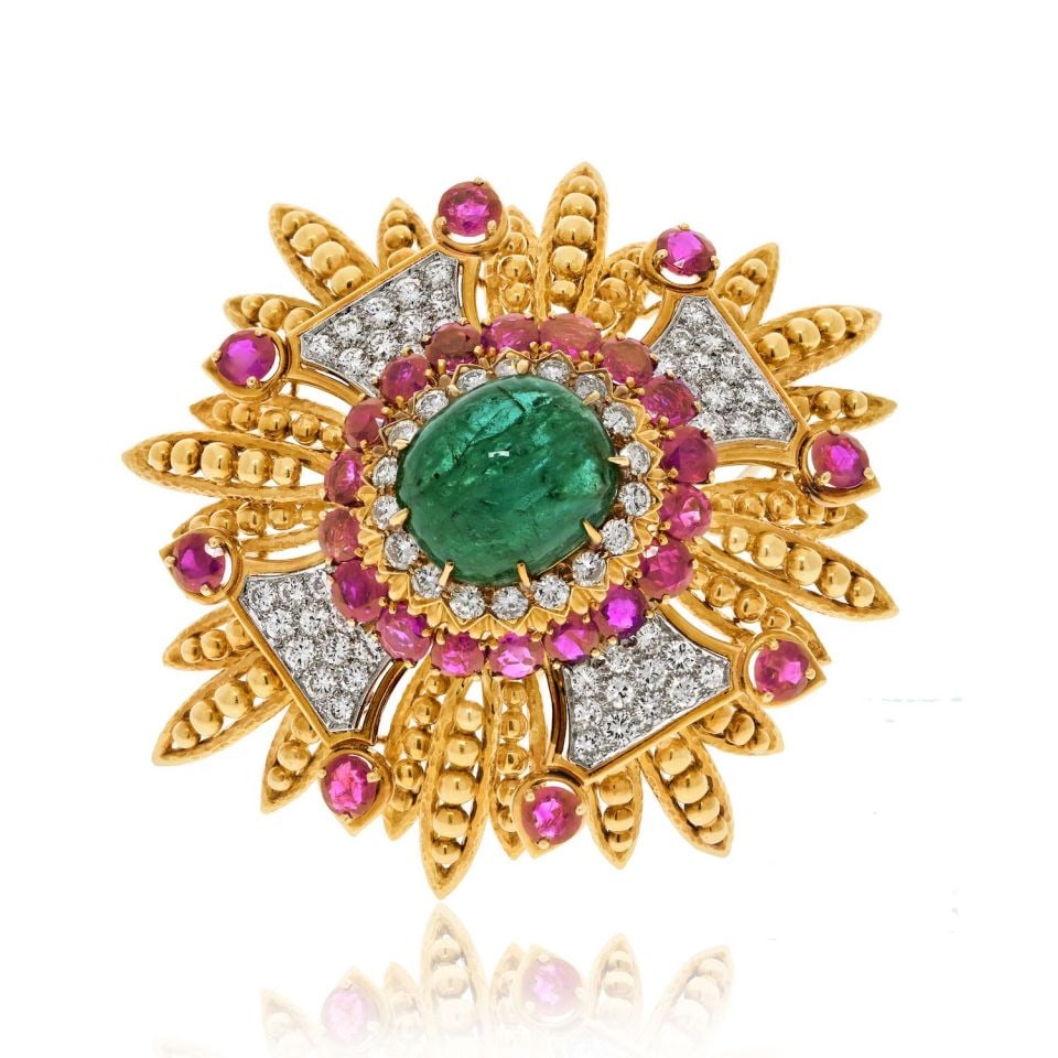 David Webb 1960s Emerald Ruby Diamond Pendant Brooch in Platinum & 18K Gold: David Webb 1960s Emerald Ruby Diamond Pendant Brooch in Platinum & 18K Gold This exquisite David Webb pendant brooch is a true testament to the artistry of fine jewelry. Crafted from a luxurious combi