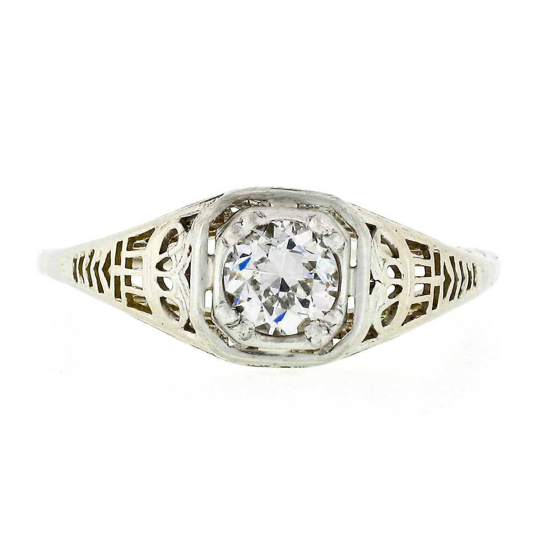 Art Deco 18k White Gold 0.45ct Diamond Filigree Solitaire Ring - 4