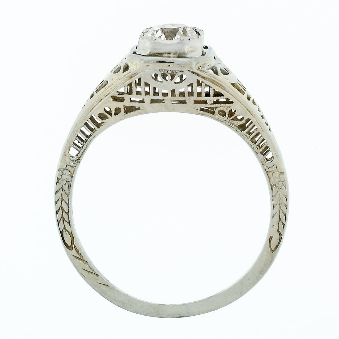 Art Deco 18k White Gold 0.45ct Diamond Filigree Solitaire Ring - 8