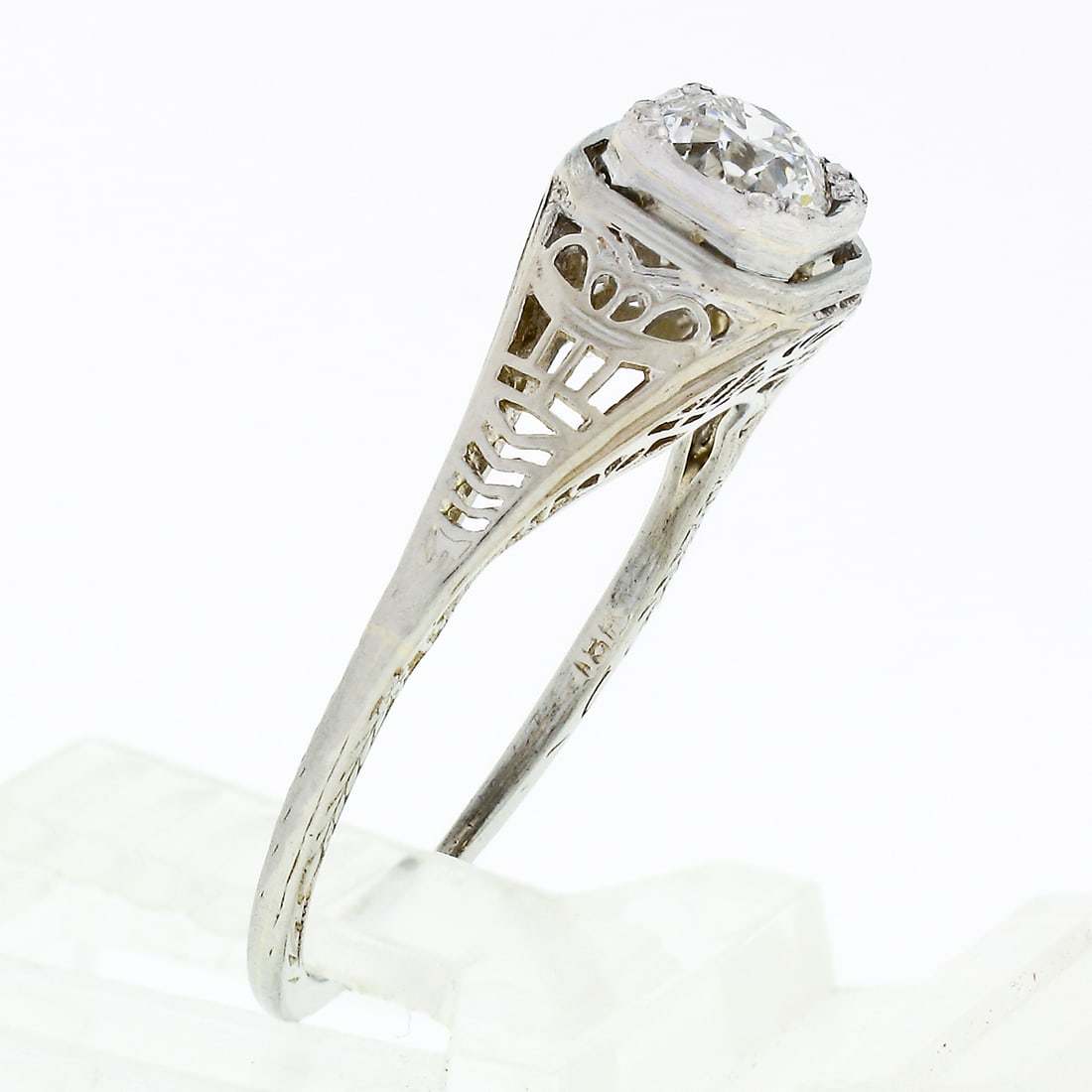 Art Deco 18k White Gold 0.45ct Diamond Filigree Solitaire Ring - 9