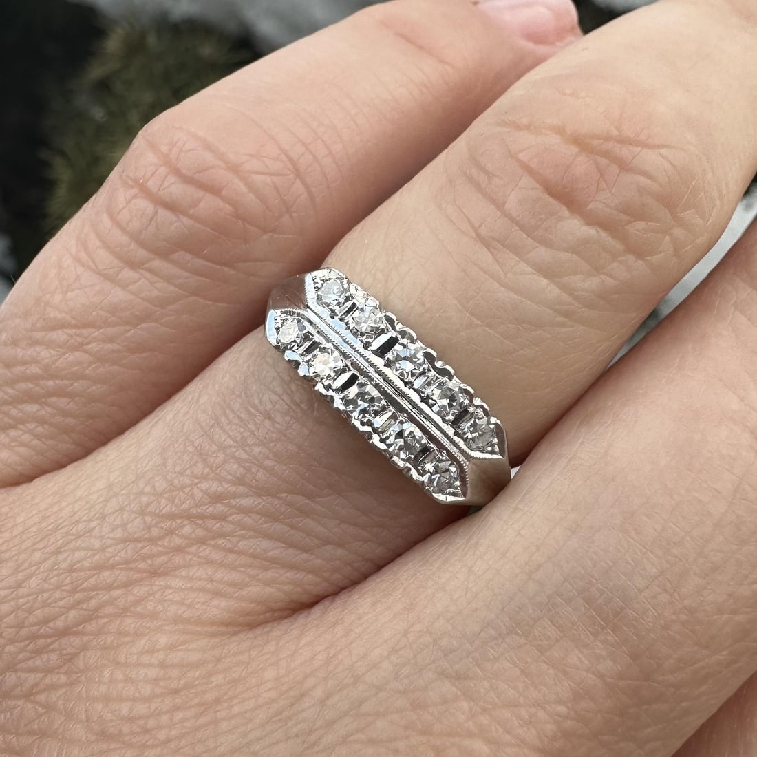 Platinum Vintage 2 Row Band Ring with .30ctw Pave Diamonds: Platinum Vintage 2 Row Band Ring with .30ctw Pave Diamonds This vintage mid-century band ring features approximately 0.30 carats total weight of natural, genuine old single cut diamonds set in two row