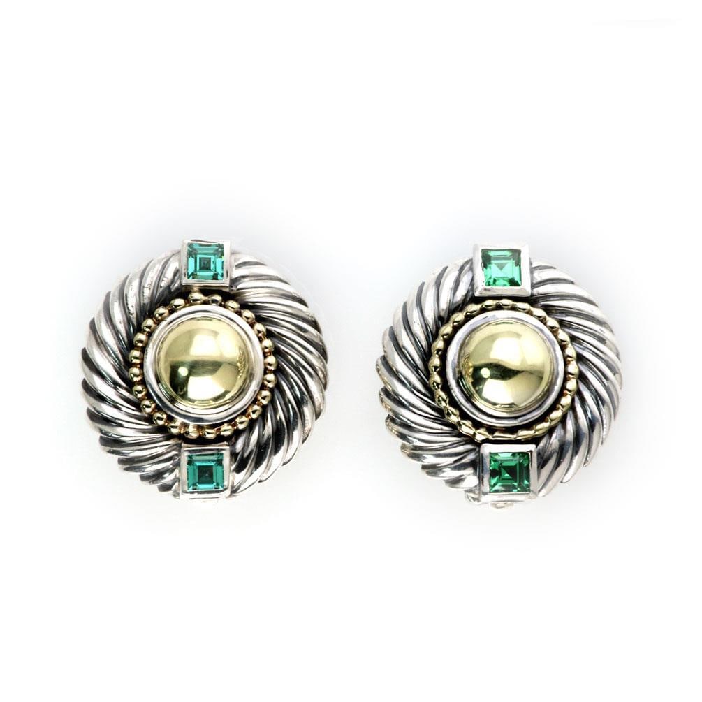 David Yurman Vintage Clip-On Earrings Green Gemstones Sterling Silver 14k Gold: David Yurman Vintage Clip-On Earrings Green Gemstones Sterling Silver 14k Gold This exquisite pair of vintage earrings by David Yurman combines elegance and craftsmanship. Crafted from sterling silver