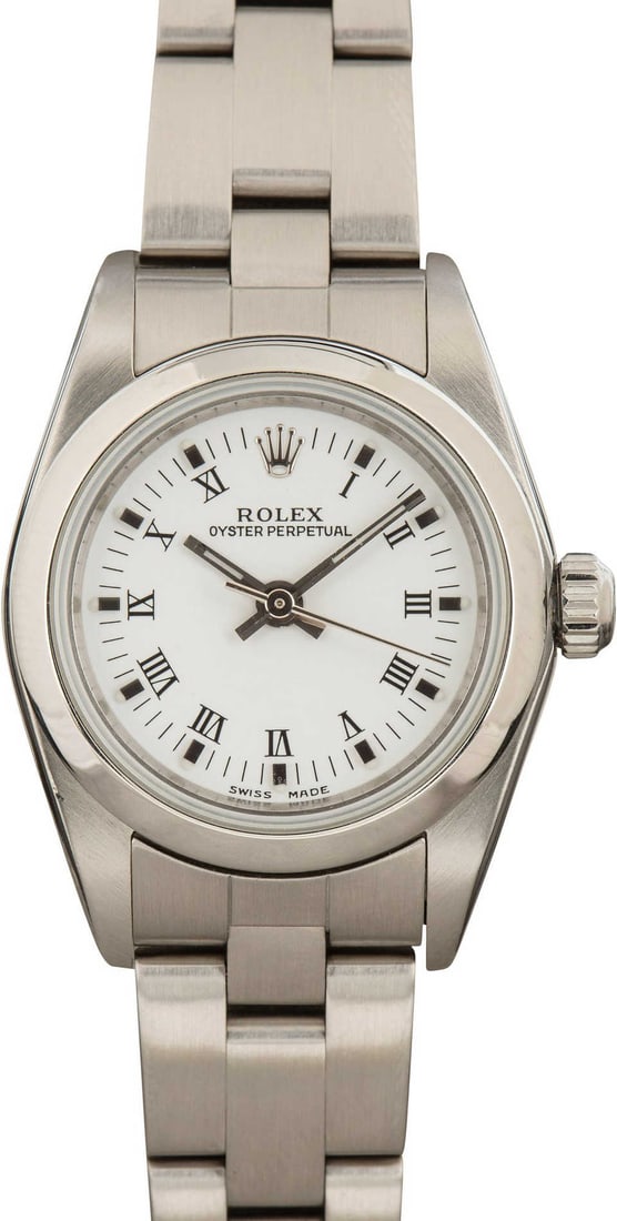 Ladies Rolex Oyster Perpetual Ref 76080 White Roman Dial Watch: Ladies Rolex Oyster Perpetual Ref 76080 White Roman Dial Watch This is a Rolex Oyster Perpetual ladies watch, featuring a white Roman numeral dial and a smooth bezel. It comes with an Oyster bracelet