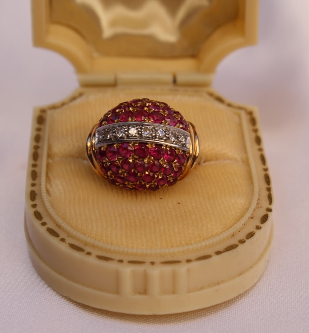 1940s French 18K Gold Ruby Diamond Ring Size 7 Antique Box: 1940s French 18K Gold Ruby Diamond Ring Size 7 Antique Box This exquisite 1940's French ring is crafted from 18K yellow gold and features a stunning combination of diamonds and rubies. The ring, sized