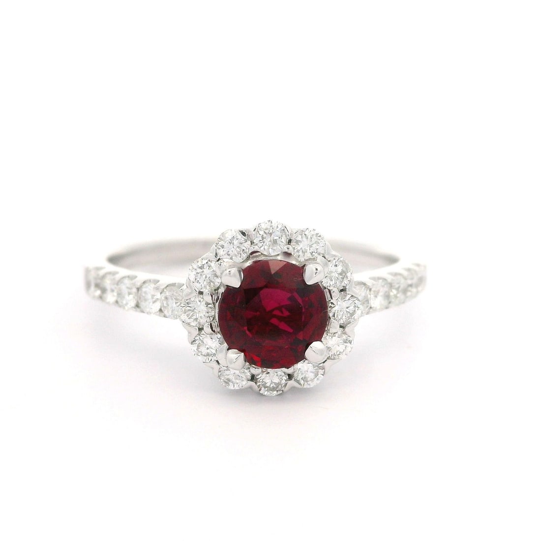 14k White Gold GIA Certified 1.22ct Ruby Diamond Halo Ring: 14k White Gold GIA Certified 1.22ct Ruby Diamond Halo Ring This stunning cocktail ring features a captivating 1.22 carat total weight, showcasing a natural round brilliant cut ruby, beautifully enhanc