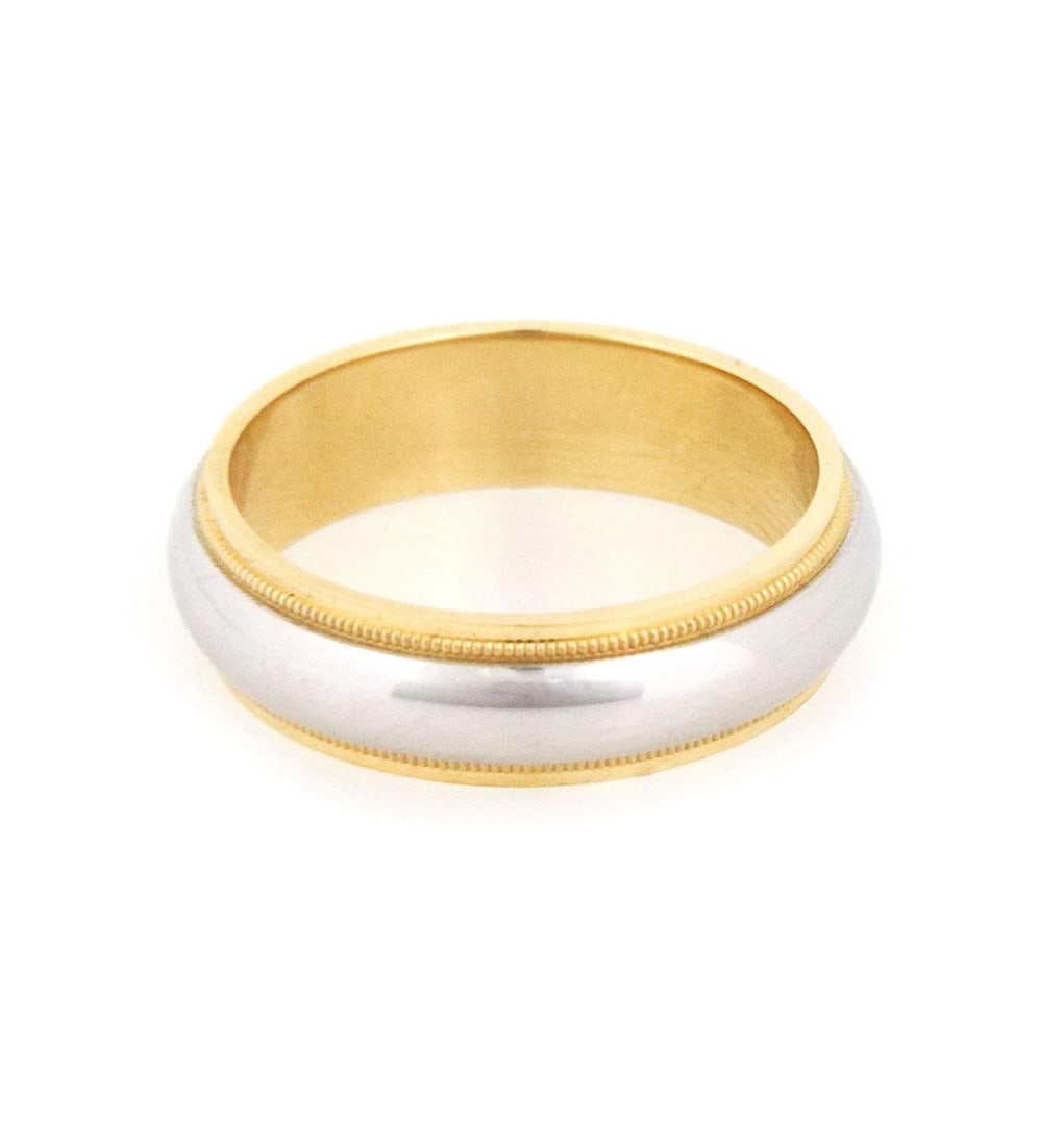 Tiffany & Co. Platinum 18k Gold Milgrain Wedding Band Ring Size 9.5: Tiffany & Co. Platinum 18k Gold Milgrain Wedding Band Ring Size 9.5 This stunning authentic wedding band from Tiffany & Co. is a perfect symbol of love and commitment. Crafted from durable platinum an