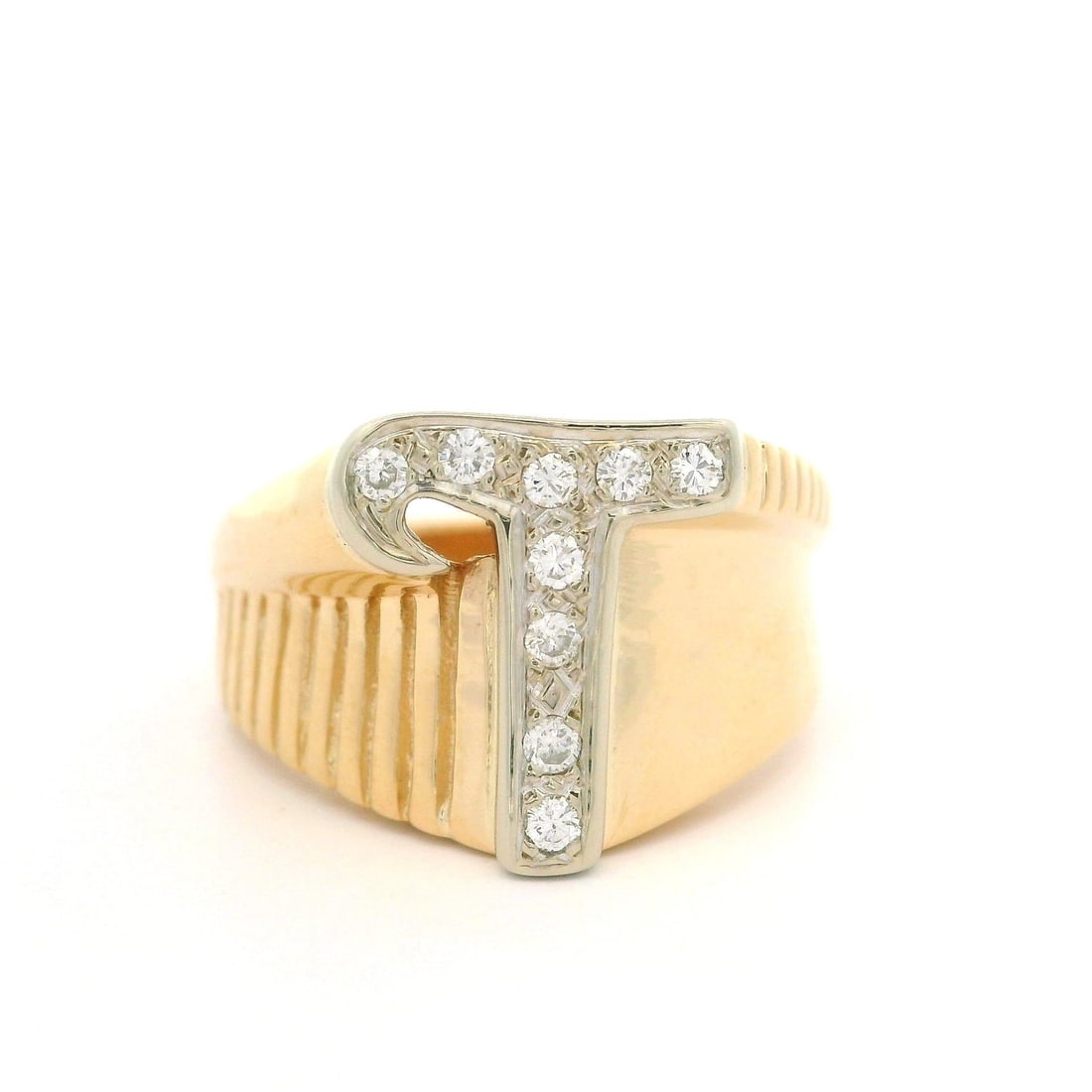 14K Solid Yellow White Gold Diamond T Initial Cocktail Ring: 14K Solid Yellow White Gold Diamond T Initial Cocktail Ring This exquisite cocktail ring features a captivating design with a polished finish, crafted from solid 14k yellow gold with a white gold top.