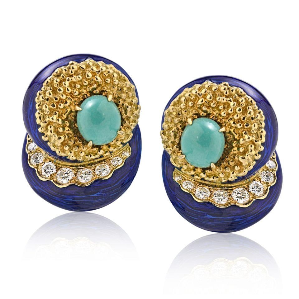 Vintage 14K Yellow Gold Turquoise Diamond Earrings with Enamel: Vintage 14K Yellow Gold Turquoise Diamond Earrings with Enamel Elevate your jewelry collection with these stunning vintage earrings crafted from 14K yellow gold. These earrings feature vibrant enamel