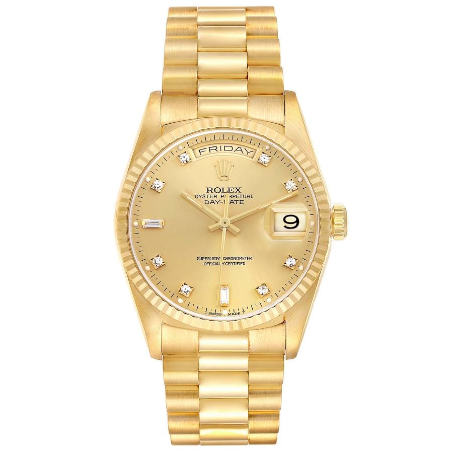 Factory Champagne Diamond Dial Rolex Day-Date President Watch Ref 18238: Factory Champagne Diamond Dial Rolex Day-Date President Watch Ref 18238 This Rolex Day-Date features a factory champagne diamond dial and is presented on the iconic President bracelet. The watch has a