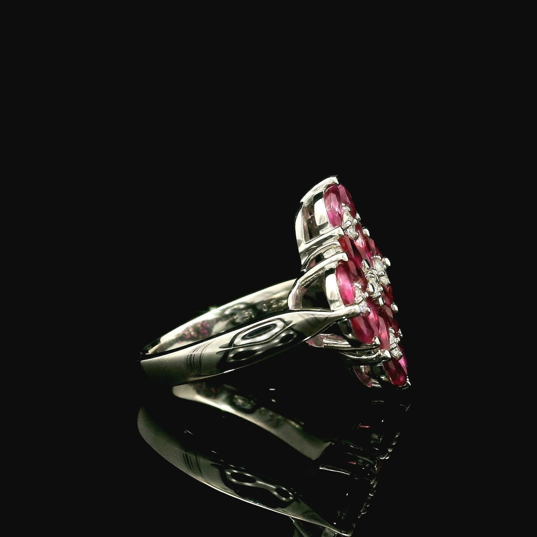 Platinum Statement Ring with Marquise Ruby and Diamond Clusters - 14