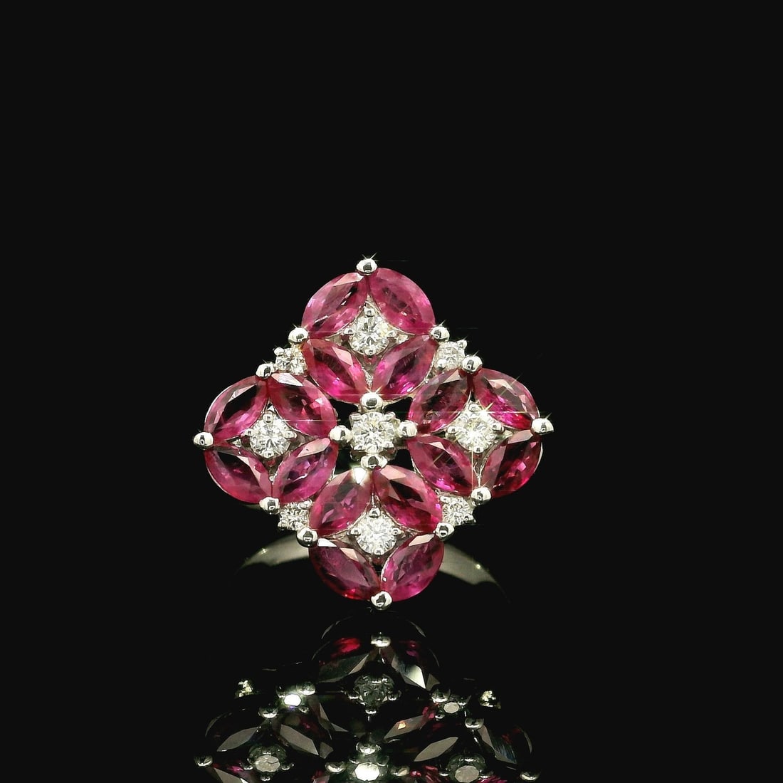 Platinum Statement Ring with Marquise Ruby and Diamond Clusters - 2