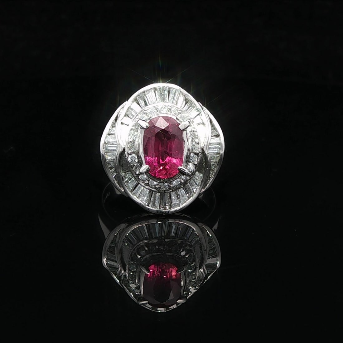 Platinum GIA Certified 2.53ctw Oval Ruby Diamond Ballerina Cocktail Ring: Platinum GIA Certified 2.53ctw Oval Ruby Diamond Ballerina Cocktail Ring This stunning cocktail ring features a 1.51ctw natural genuine oval ruby, beautifully prong set in solid .900 platinum. The rub