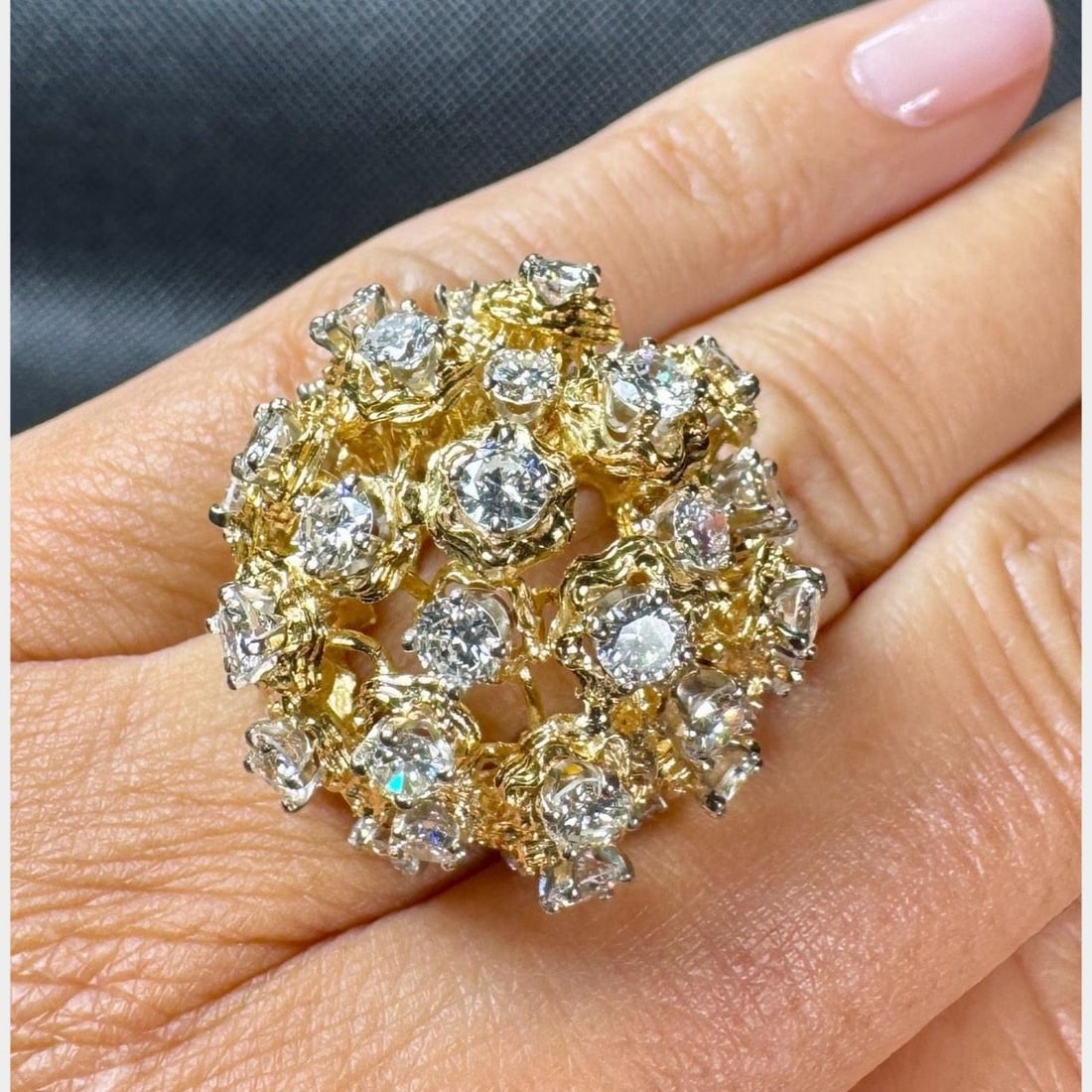 1960s 18K Yellow Gold 6 Ct Diamond Cocktail Ring: 1960s 18K Yellow Gold 6 Ct Diamond Cocktail Ring Elevate your elegance with this stunning 1960's cocktail ring crafted from 18K yellow gold. This exquisite piece showcases a total of 44 diamonds, coll