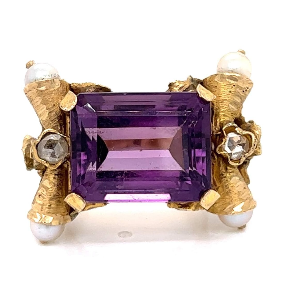 14K Yellow Gold Amethyst 15.00 Ct Diamond Ring with Rose-Cut Stones: 14K Yellow Gold Amethyst 15.00 Ct Diamond Ring with Rose-Cut Stones This stunning 14K Yellow Gold Amethyst and Diamond Ring showcases a vibrant approximately 15.00 Ct. amethyst, beautifully complement