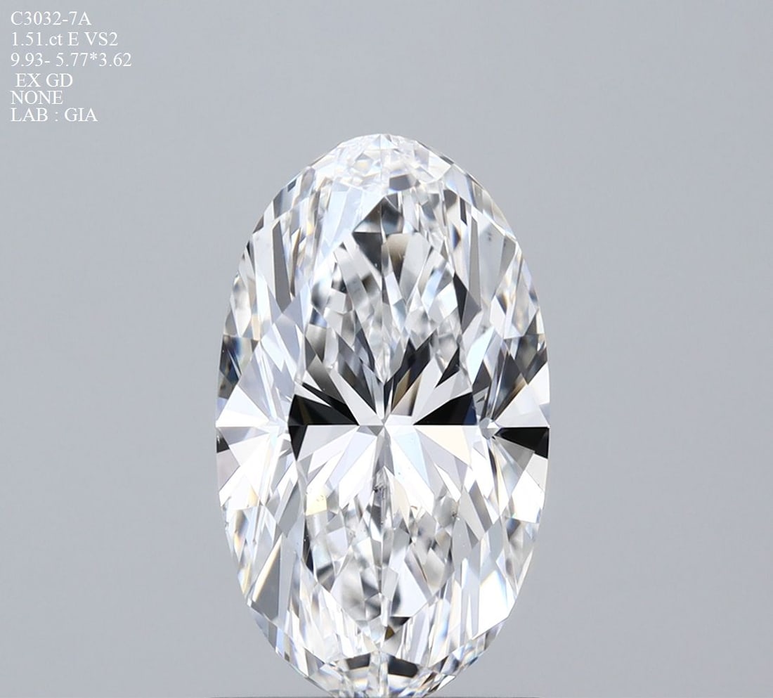 Loose Diamond - OVAL 1.51ct E VS2: Loose Diamond - OVAL 1.51ct E VS2 Source: Natural Shape: OVAL Carats: 1.51 Color: E Clarity: VS2 Certification: GIA Video: