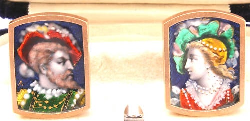 19th Century Austrian 14K Gold Enamel Earrings with King and Queen Design: 19th Century Austrian 14K Gold Enamel Earrings with King and Queen Design Discover a stunning pair of 19th century Austrian earrings crafted from 14K gold with exquisite enamel detailing depicting a k