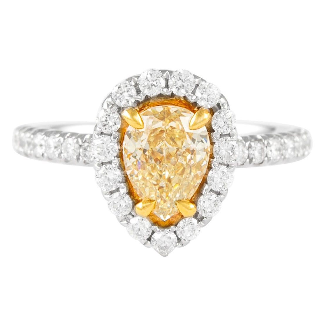 1.08ct Fancy Intense Yellow Diamond Ring 18k Gold EGL Certified: 1.08ct Fancy Intense Yellow Diamond Ring 18k Gold EGL Certified This exquisite ring features a stunning 1.08 ct pear cut Fancy Intense Yellow diamond, graded SI2 for clarity, set in a luxurious two-to