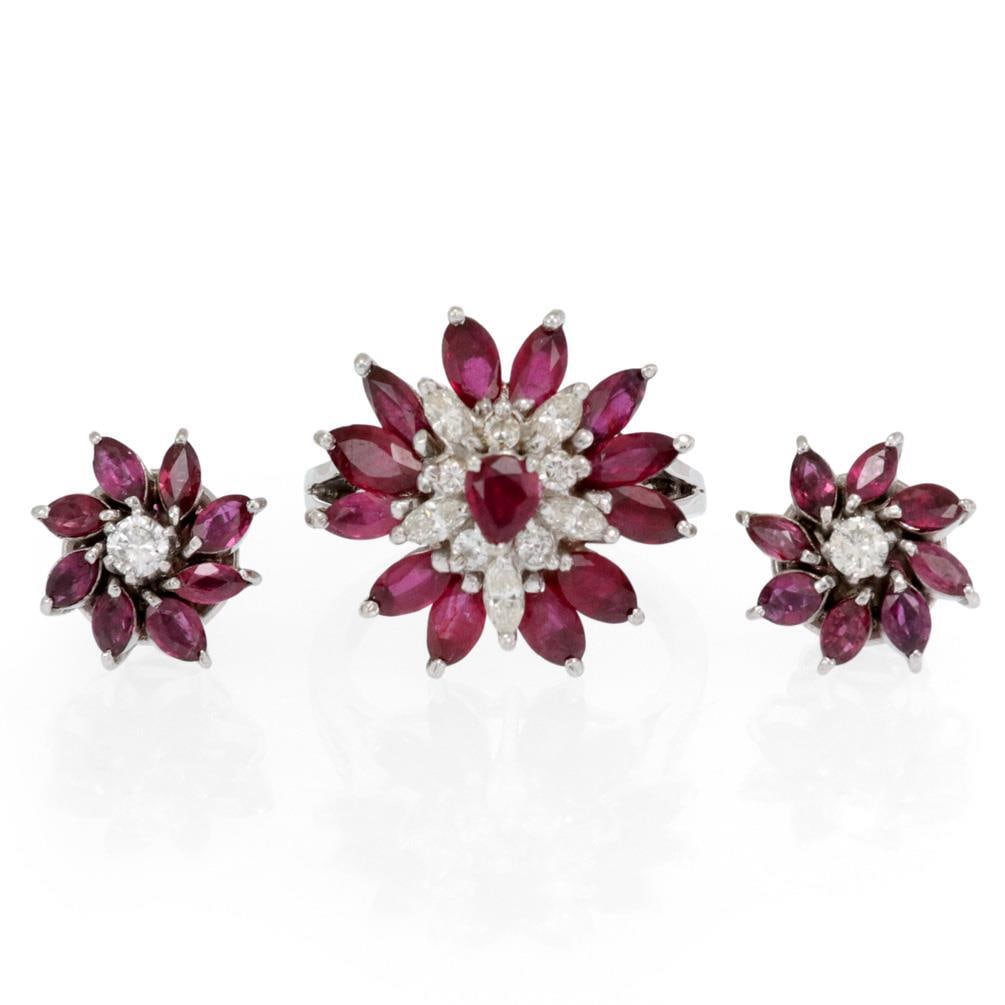 18k White Gold Floral Diamond Ruby Earrings Ring Set 6.40ct (1 of 5)