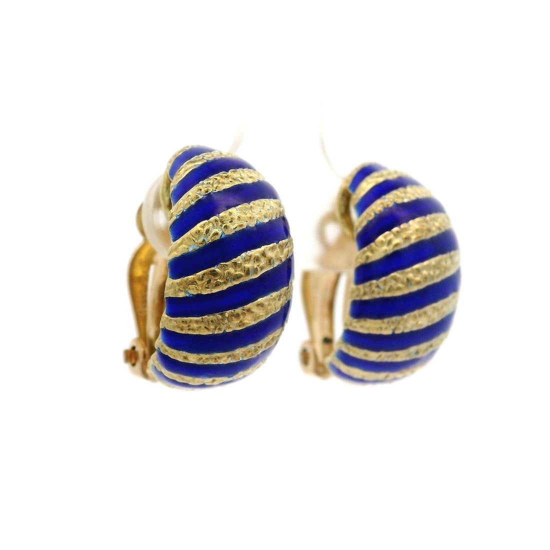 Vintage 14k Yellow Gold Clip On Cuff Earrings with Blue Enamel: Vintage 14k Yellow Gold Clip On Cuff Earrings with Blue Enamel These Vintage 14k Yellow Gold Blue Enamel Stripe Clip On Cuff Earrings are a stunning addition to any jewelry collection. Crafted from so
