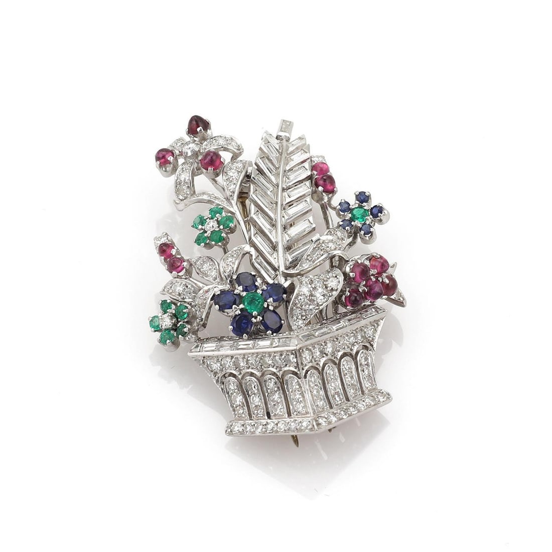 Elegant Platinum Flower Basket Brooch with Diamonds and Gemstones: Elegant Platinum Flower Basket Brooch with Diamonds and Gemstones Discover the beauty of this stunning flower basket brooch, expertly crafted in platinum. This exquisite piece features a polished fini