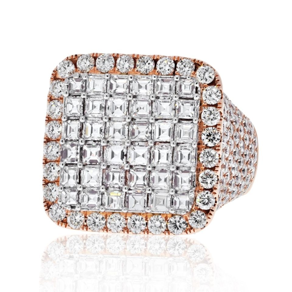 14K Rose Gold 11.25ct Men's Diamond Cluster Ring Size 10: 14K Rose Gold 11.25ct Men's Diamond Cluster Ring Size 10 This stunning men's diamond cluster ring features a luxurious 14K rose gold setting, weighing 18.6 grams. The ring showcases a remarkable total
