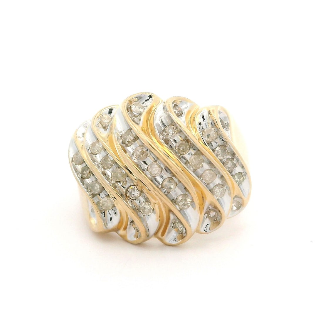 14k Yellow Gold 0.50ctw Diamond Wavy Cigar Band Ring: 14k Yellow Gold 0.50ctw Diamond Wavy Cigar Band Ring This exquisite large cigar band ring is crafted from 14k solid yellow gold and features a stunning array of diamonds. The ring showcases 34 natural