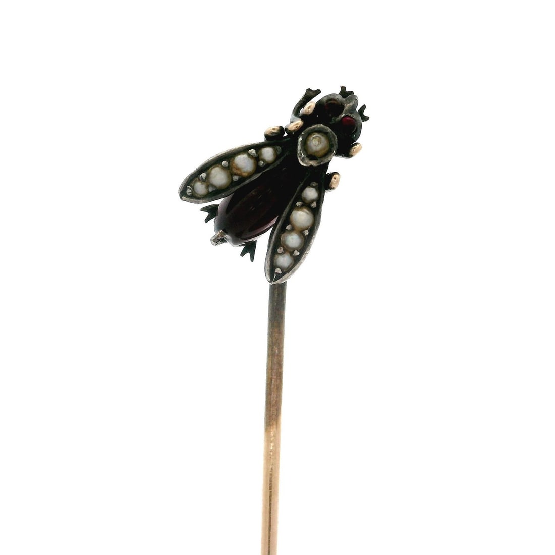 Antique 14k Yellow Gold Silver Bee Fly Stick Pin Garnet Pearl: Antique 14k Yellow Gold Silver Bee Fly Stick Pin Garnet Pearl This exquisite antique stick pin features a stunning design of a bee, beautifully adorned with natural garnet and cultured seed pearls. Th