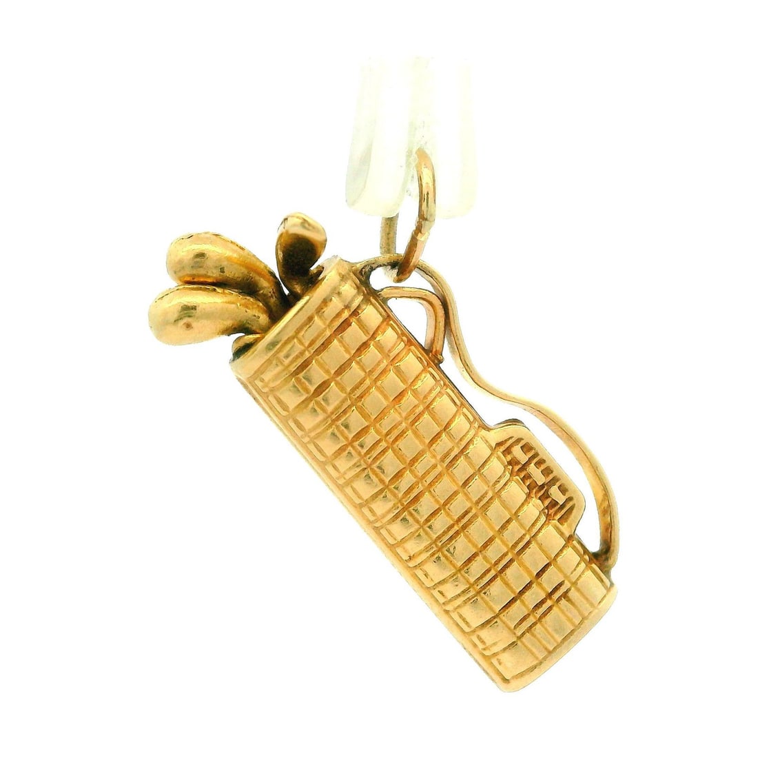 14k Yellow Gold Golf Bag Charm Pendant with Retractable Clubs: 14k Yellow Gold Golf Bag Charm Pendant with Retractable Clubs This exquisite charm pendant showcases a collectible golf bag design crafted from 14k yellow gold. Featuring retractable clubs, this piece