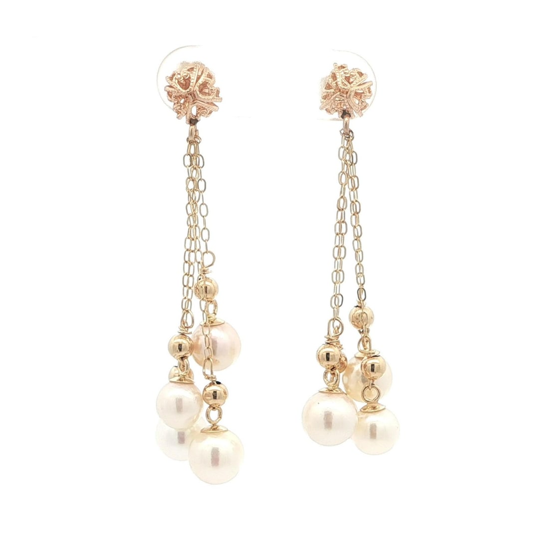 Pair of Vintage 14k Yellow Gold and Cultured Pearl Tassel Drop Earrings: Pair of Vintage 14k Yellow Gold and Cultured Pearl Tassel Drop Earrings These vintage dangle drop earrings feature round, genuine cultured pearls in white with a light pink overtone and excellent lust
