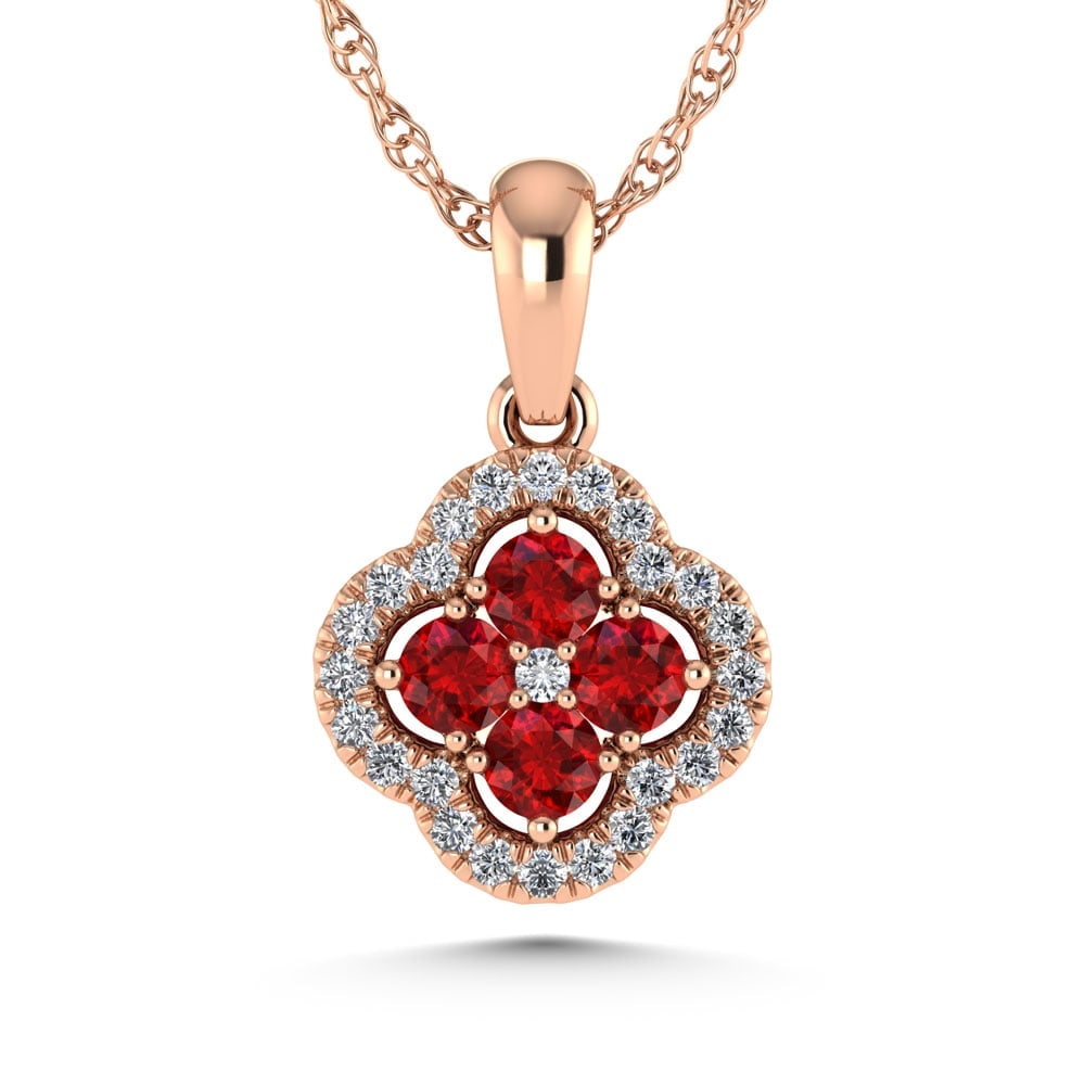 14K Rose Gold Diamond 5/8 Ct.Tw. and Ruby Clover Pendant: 14K Rose Gold Diamond 5/8 Ct.Tw. and Ruby Clover Pendant 14k Rose Gold Stone Color: G-h Stone Clarity: Si2 This item may take 2-5 weeks for shipping. The Diamond Depot Guarantee: All items in this auc