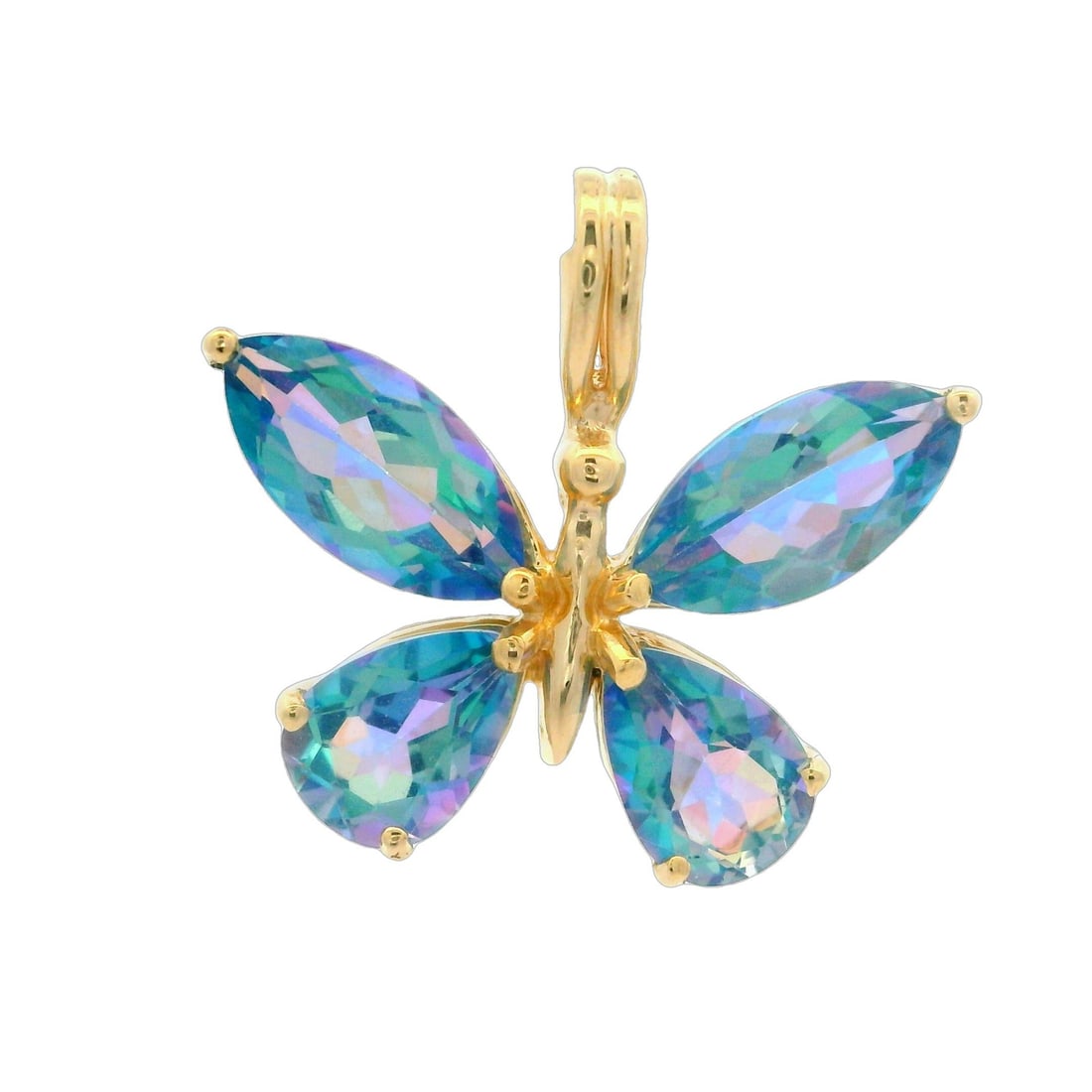 10k Yellow Gold Butterfly Charm Pendant with Blue Mystic Topaz: 10k Yellow Gold Butterfly Charm Pendant with Blue Mystic Topaz This exquisite estate butterfly charm pendant is crafted from 10k solid yellow gold, showcasing the beauty of blue mystic topaz. The pend