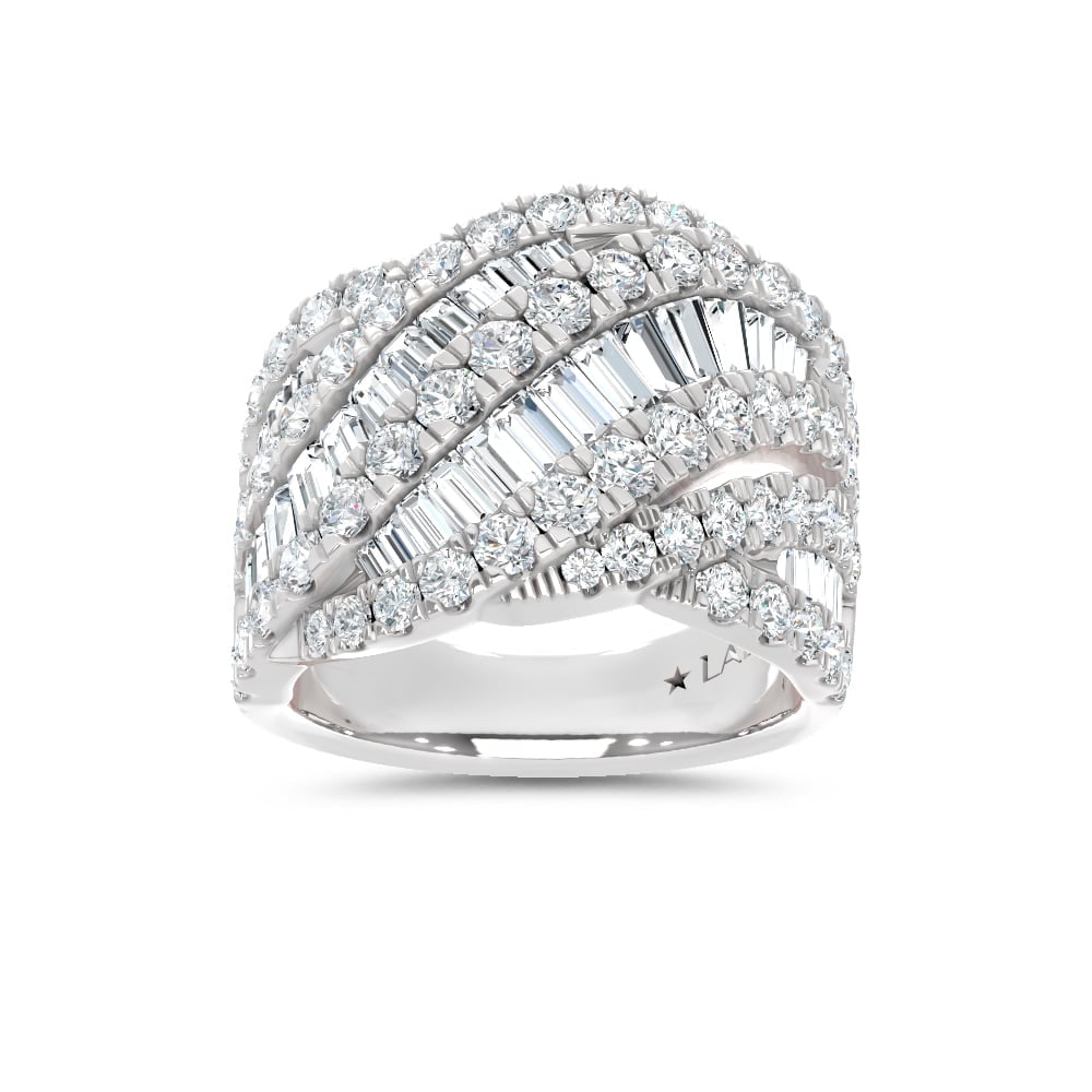 14K White Gold Lab Grown Diamond 3 1/3 Ct.Tw. Round and Tapper Fashion Ring: 14K White Gold Lab Grown Diamond 3 1/3 Ct.Tw. Round and Tapper Fashion Ring A brilliant display of sophistication, this 14K White Gold fashion ring features round and tapered lab grown diamonds totali