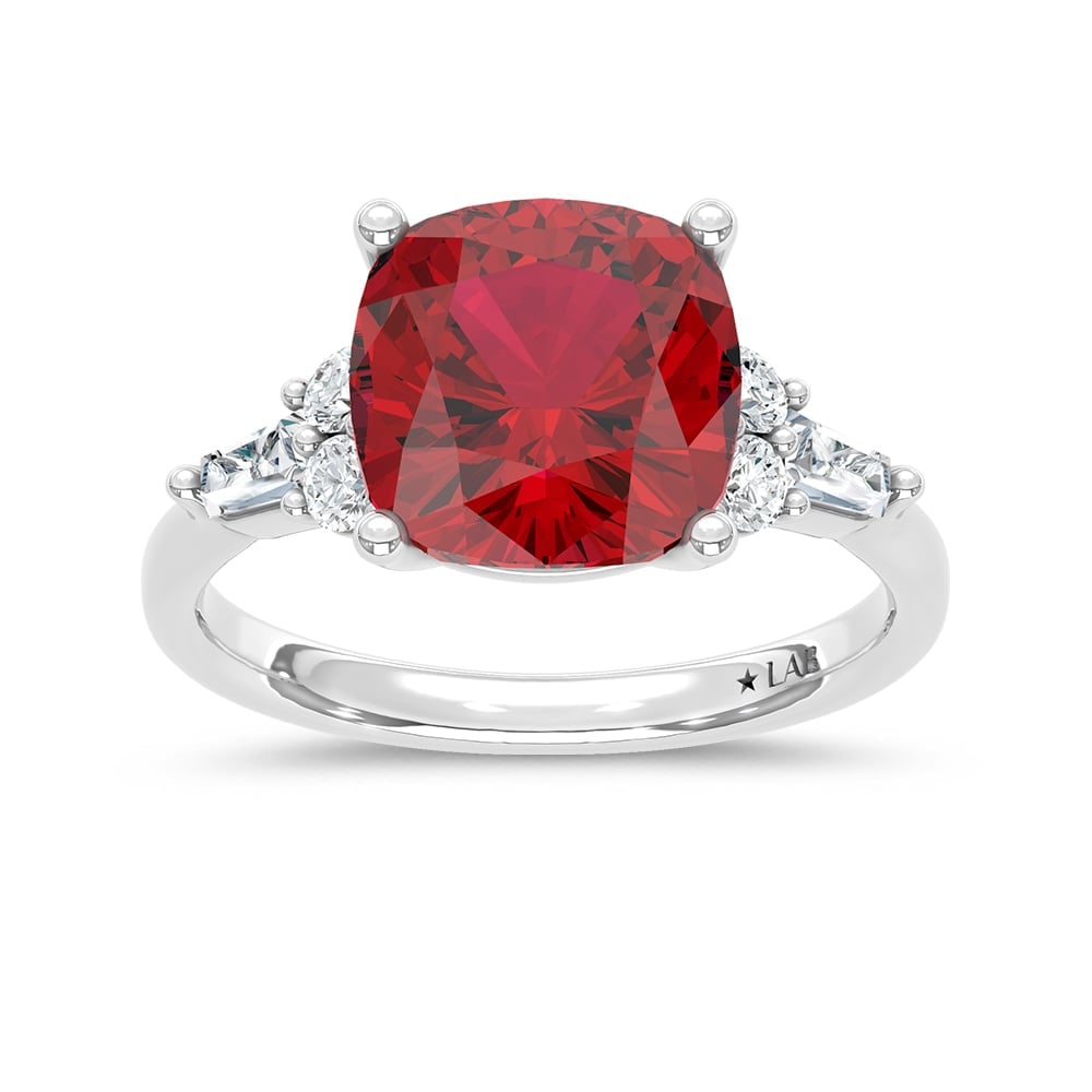 14K White Gold Lab Grown Diamond 4 7/8 Ct.Tw. Cushion Shape Recrystalized Ruby Engagement Ring: 14K White Gold Lab Grown Diamond 4 7/8 Ct.Tw. Cushion Shape Recrystalized Ruby Engagement Ring (Center 4 1/2 ct) Exude timeless elegance with this 14K white gold engagement ring, featuring a brilliant