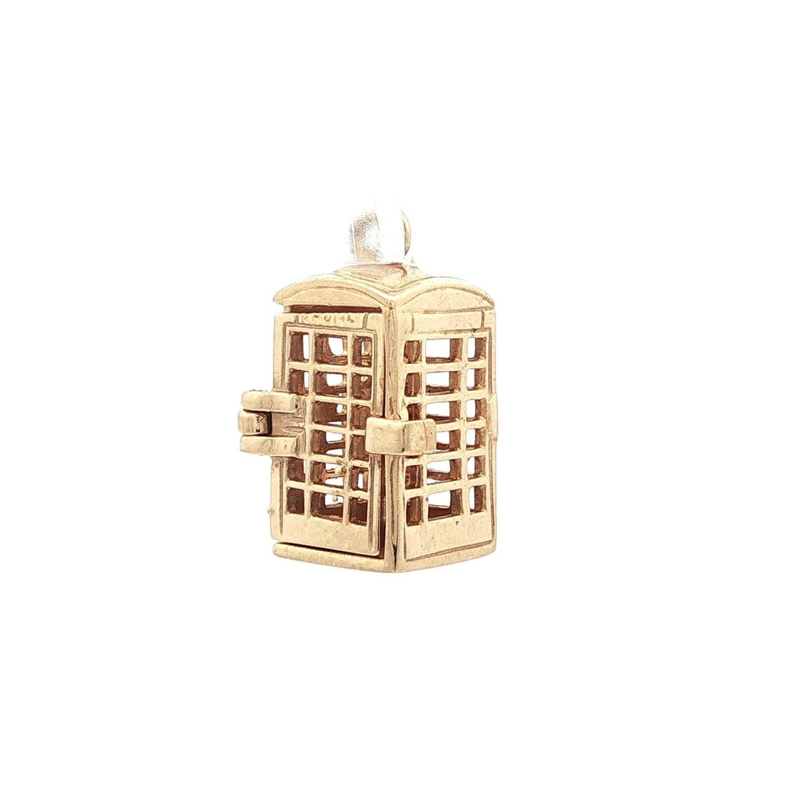 Vintage 9k Yellow Gold British Telephone Box Charm Pendant: Vintage 9k Yellow Gold British Telephone Box Charm Pendant This charming collectible pendant features a vintage British telephone box design, elegantly crafted in solid 9k - 10k yellow gold. Weighing