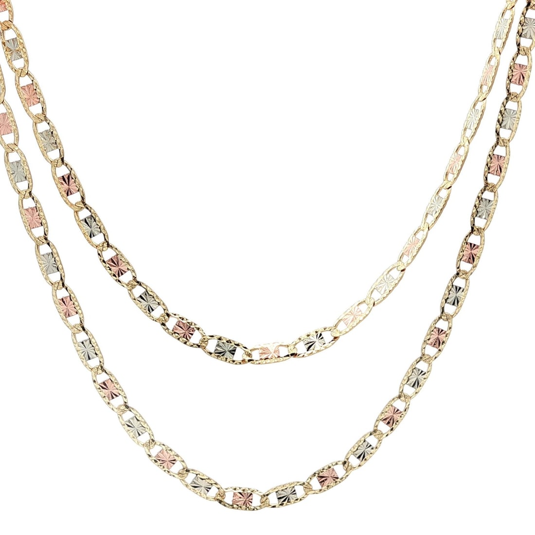 14k Tri Color Gold 24 Inch Diamond Cut Mariner Link Necklace: 14k Tri Color Gold 24 Inch Diamond Cut Mariner Link Necklace This exquisite 14k Tri Color Gold necklace features a stunning 24" length with a diamond cut etched flat mariner link design. Crafted from